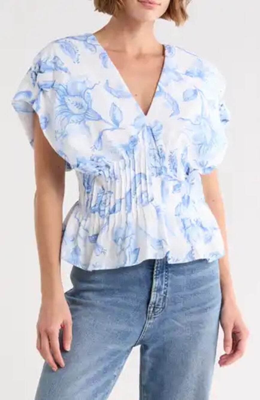Parker Floral Print Short Sleeve V-Neck Ruched Blouse Top Lucent White Blue 0